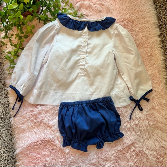 The Smocking Place Navy Blue White Cherry Embroidered Ruffle Blouse & Bloomers 2 - Picture 8 of 8